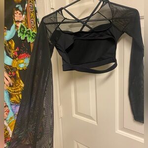 Strappy cut out Black sheer mesh dress shirt long sleeve